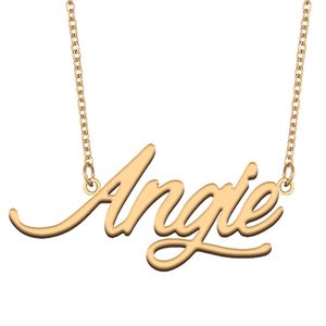 Collar con nombre de Angie, colgante de oro para mujeres, regalos de novia, placa de identificación personalizada, joyería para niños, buenos amigos, acero inoxidable chapado en oro de 18 quilates