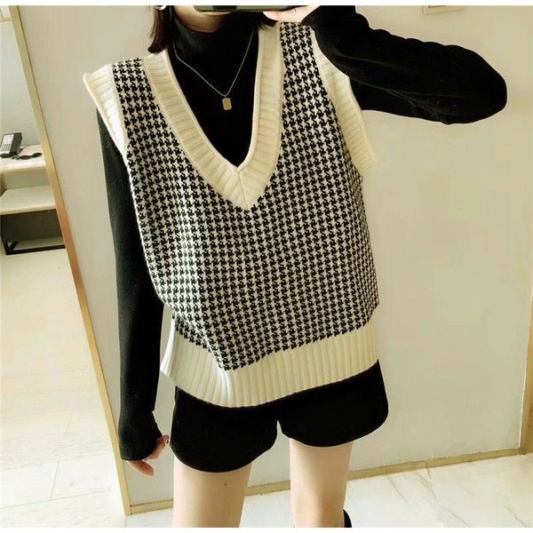 Angora Laine Tricot Gilet Pull Femmes Hiver Coréen Vintage Poule Géométrique Plaid V Cou Sans Manches Pull Jumper Top 201017