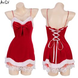 Ani 2022 Noël Fille Chaîne Spaghetti Sangle Robe Uniforme Père Noël Femmes Dentelle Col En V Chemise De Nuit Tenues Cosplay Costumes cosplay