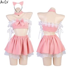 Ani 2023 Anime Lolita fille mignon chat rose femme de chambre uniforme femmes hors épaule hauts gâteau jupe tenues Costumes Cosplay cosplay