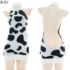 Ani Anime vaca chica suéter de cuello alto vestido disfraz mujer Sexy espalda descubierta Halter camisón uniforme Pamas Lencería Cosplay