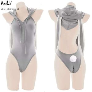 Ani anime mignon fille douce lapin gris body à capuche lingerie costume femmes zipper sweat à sweat sans dos pamas cosplay 723