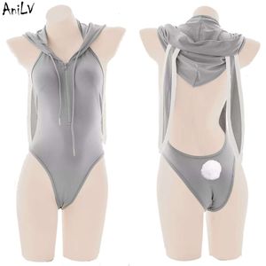 Ani Anime mignon fille doux lapin gris à capuche body Lingerie Costume femmes fermeture éclair sweat à capuche dos nu Pamas Cosplay cosplay