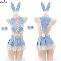 Ani Anime fille bleu Plaid lapin oreille femme de chambre uniforme femmes lapin dentelle jupe plissée tenue Costume Cosplay cosplay