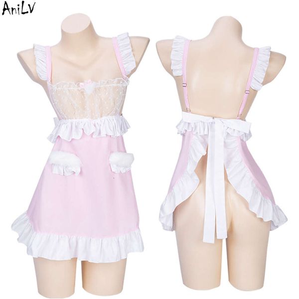 Ani Anime fille mignon lapin Lolita femme de chambre tablier robe uniforme femmes rose lapin chemise de nuit tenues Pamas Costumes cosplay