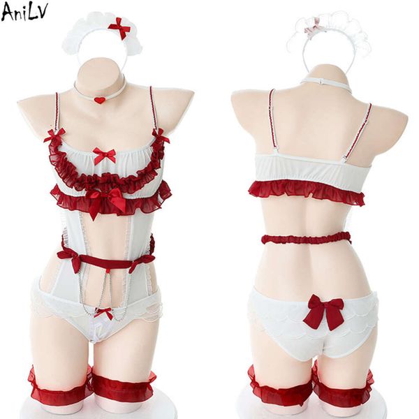 Ani Anime fille Lolita body uniforme maillot de bain Costume femmes Sexy doux rouge arc sous-vêtements Pamas Lingerie tenue Cosplay