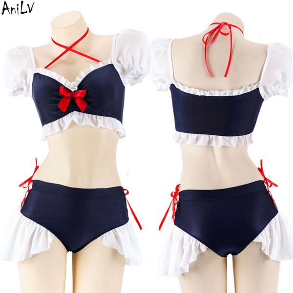 Ani Anime fille Lolita maillot de bain à volants uniforme femmes plage mignon sous-vêtement bikini tenues Costumes Cosplay