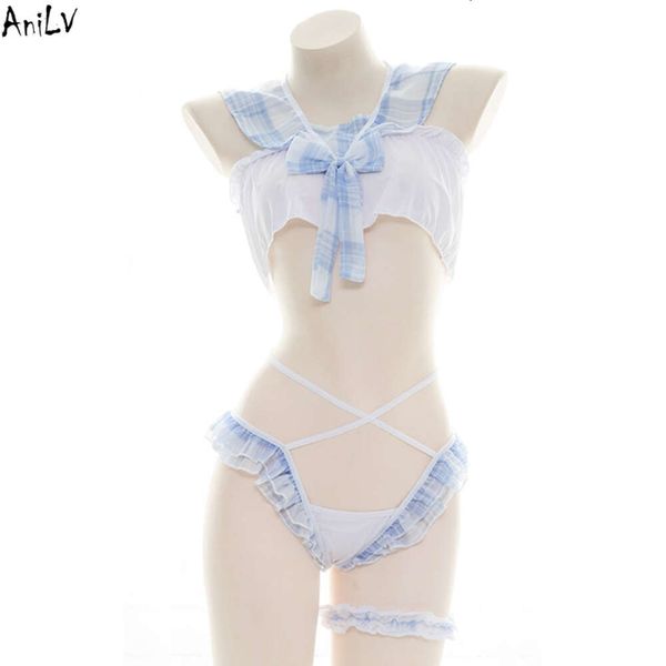 Ani Anime Lolita fille bleu Plaid femme de chambre Bikini maillot de bain Costumes été étudiant mignon maillots de bain uniforme ensemble piscine fête Cosplay cosplay