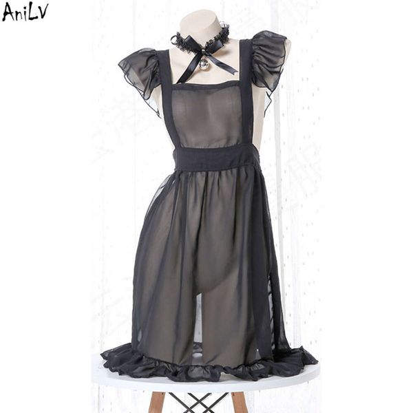 Ani Anime femme de chambre cloche tablier robe uniforme tentation Lingerie Costume noir en mousseline de soie chemise de nuit sous-vêtements cosplay
