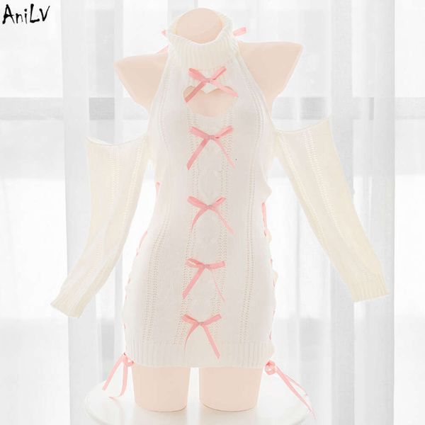 Ani Anime Sweet Girl Halter Dos Nu Tricoté Pull Robe Uniforme Costume Amour Creux Oreilles De Lapin Chemise De Nuit Pamas Cosplay cosplay