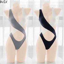 Ani Beach – maillot de bain une pièce, dessin animé bicolore croisé, pour femmes, bretelles creuses, body, uniforme de natation, Costumes Copslay cosplay