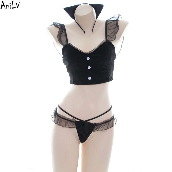 Ani – maillot de bain chat noir pour fille, Sexy, à volants, Costume de demoiselle d'honneur, dos d'été, maillot de bain bandeau, ensemble uniforme de queue d'oreille, Cosplay de fête à la piscine