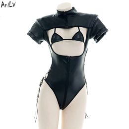 Ani zwart Pu lederen bodysuit badpak kostuum punk meisje kruis riem coltrui badmode uniform verleiding lingerie cosplay cosplay