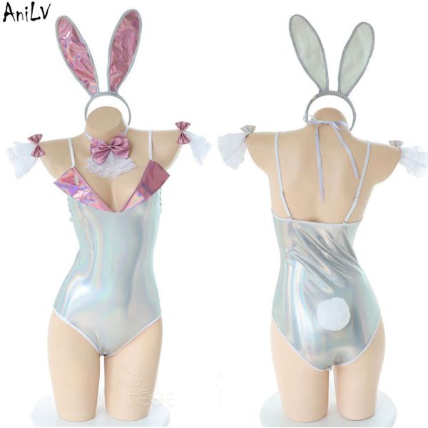 Ani Bunny Girl Laser Bling body Costume discothèque femmes col en V profond moulante Sexy femme de chambre uniforme Pamas Lingerie Cosplay cosplay
