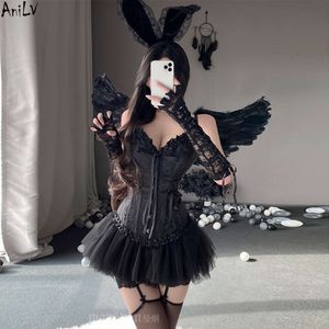 Ani Dark Demon Angel Tube Top Corset Pompon Rok Unifrom Vrouwen Middeleeuwse Outfits Kostuums Cosplay