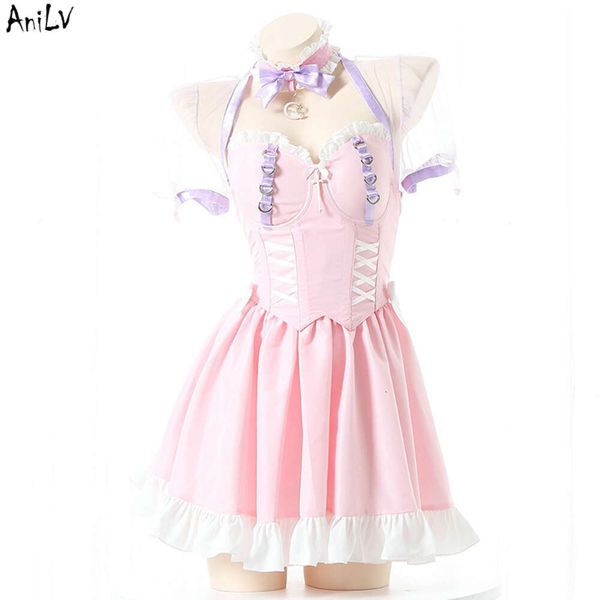 Ani fleur fée Anime fille Pure douce femme de chambre uniforme femmes rose Lolita robe de princesse tenues de bal Costumes Cosplay