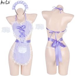 Ani anime japonês menina amor avental uniforme de empregada traje feminino roxo xadrez bonito vestido roupa cosplay