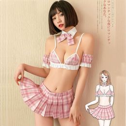 Ani Japanse schoolstudent uniform kostuums cosplay perzik meisje sexy roze geruite erotische pamas lingerie outfit set cosplay