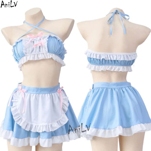 Ani Kawaii – uniforme de serveuse de café pour fille, tenues pour femmes, mignon Lolita bleu Pamas, Costumes de serveur de fête de piscine, Cosplay cosplay