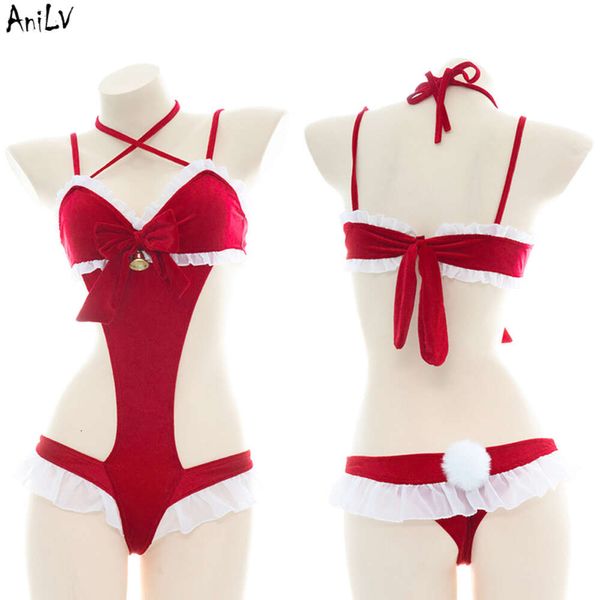 Traje de baño con campana roja de Nochebuena para chica Kawaii de Ani, disfraz de Sukumizu, regalo de lazo de Navidad para mujer, lencería de Pamas, cosplay