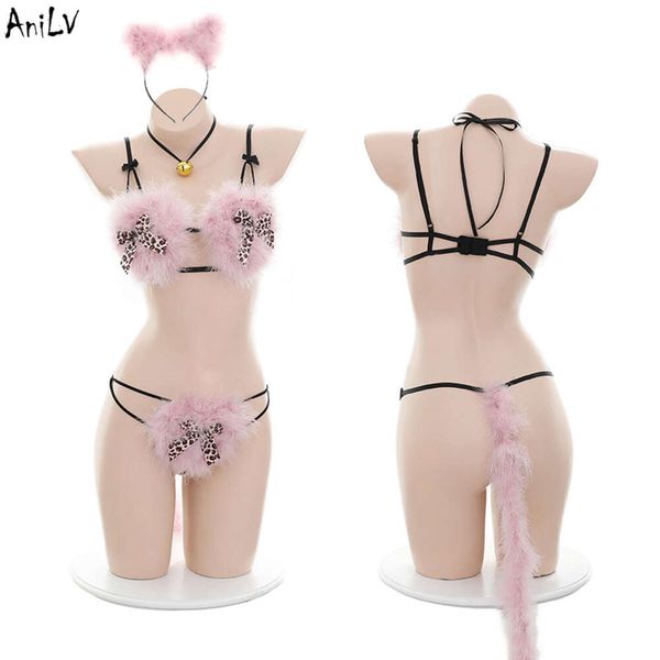 Ani Kawaii Girl Little Xat-Bikini peludo rosa con cola, traje de baño para mujer, lencería con lazo de leopardo, Cosplay de Pamas