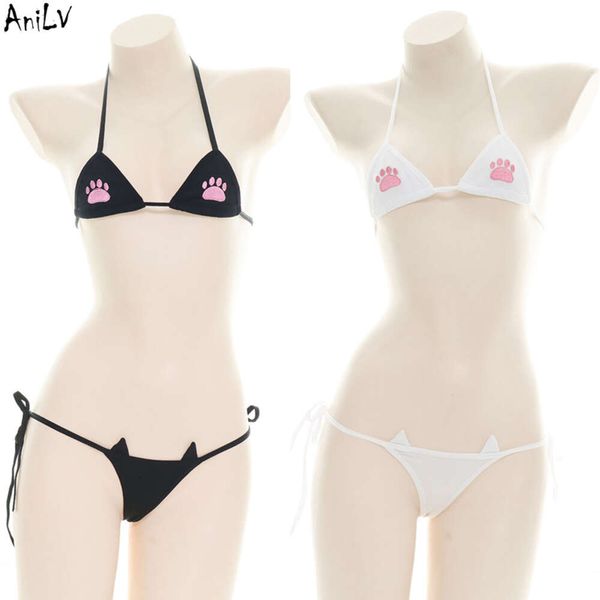 Ani Lolita – maillot de bain pour fille, mignon patte de chat, Bikini de plage, Costume d'été à trois points, uniforme de fête à la piscine, Cosplay
