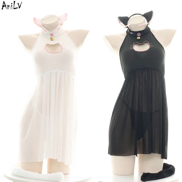 Ani Lolita – robe de demoiselle d'honneur pour filles, uniforme Pamas, Costume queue de chat patte, maillot de bain, vêtements de Cosplay pour fête à la piscine