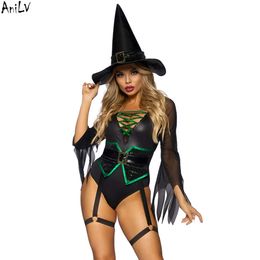 Ani nuevo Halloween 2023 mujeres bruja montando una escoba mono uniforme traje mágico sombrero cinturón conjunto de trajes Cosplay disfraces cosplay