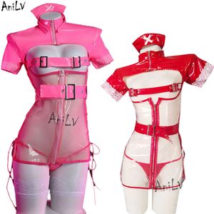 Ani Roze Zoete Verpleegster Uniorm Cosplay Vrouwen Lederen Gesp Transparante Jurk Temperament Pamas Outfits Cliënteel cosplay
