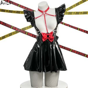 Ani – jupe à bretelles en cuir pour fille, tenue Anime avec nœud rouge, col licou, Costumes de Cosplay