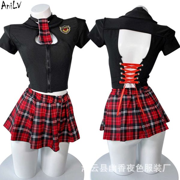 Disfraz de uniforme escolar para chica y estudiante de Ani, falda escocesa plisada roja sexi para mujer, conjunto de lencería caliente, cosplay