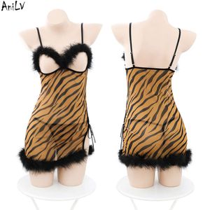 Ani Sexy Gilr Tiger Stripes Abito in chiffon peloso Unifrom Donna Camicia da notte animale Pamas Abiti Costumi Cosplay cosplay