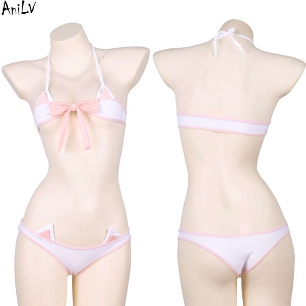 Ani verano playa Anime Lolita chica lindo gato Rosa Bikini traje de baño Unifrom mujeres lencería trajes disfraces Cosplay cosplay