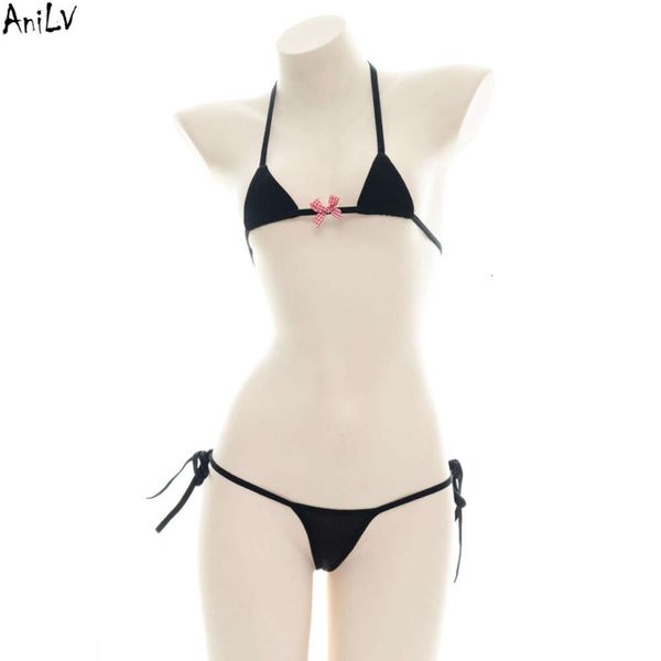 Ani – maillot de bain d'été pour filles, Bikini, col licou, avec nœud, Costume d'étudiant Anime, mignon, noir, fête à la piscine, Cosplay