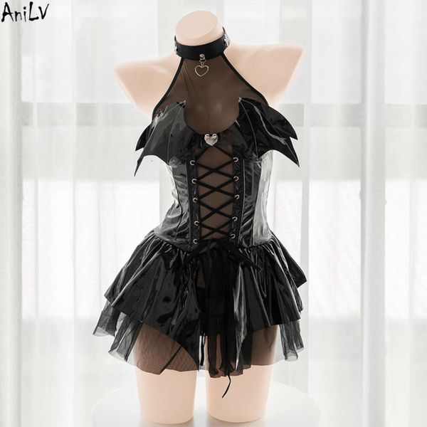 Ani sorcière fille transformation magique robe femmes chauve-souris démon noir maille cuir uniforme tenues Costumes Cosplay cosplay