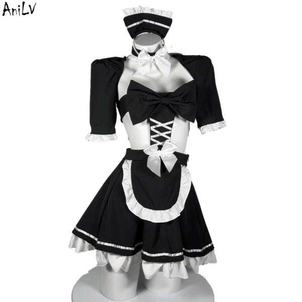 Ani-vestido de sirvienta de café para mujer, uniforme tentación, lencería Sexy, Chica de anime, camisón con lazo negro, trajes eróticos de Pamas, cosplay