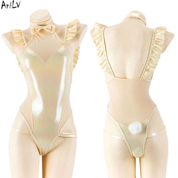 Ani-bañador de una pieza con láser dorado para mujer, uniforme de Cosplay de Anime para playa, Espalda descubierta, mono con volantes, disfraces, cosplay