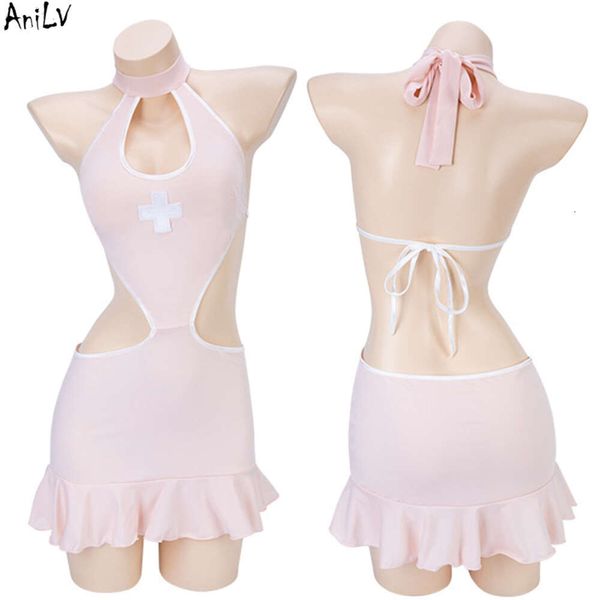 Ani – robe d'infirmière à col licou pour femmes, maillot de bain rose, dos nu, Sexy, Costumes de nuit, Cosplay