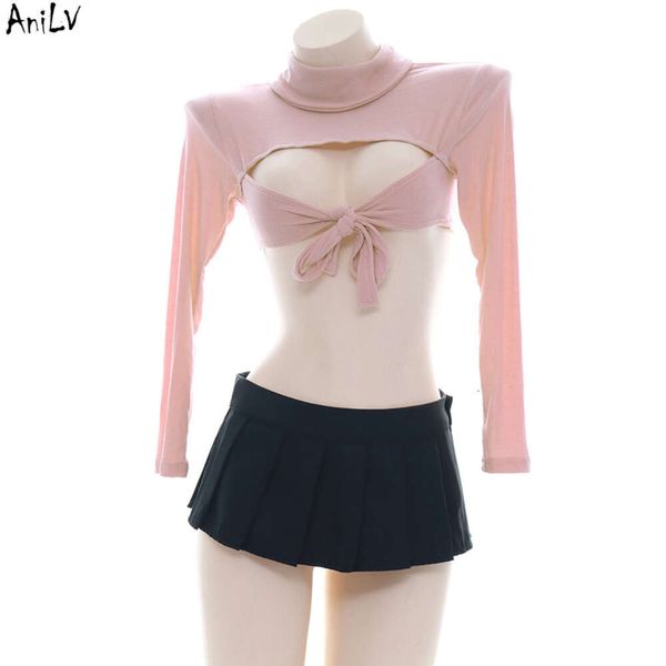 Ani mujer Oficina señora cuello alto tejido manga larga Pamas uniforme disfraz Anime Lolita chica rosa lencería caliente Cosplay