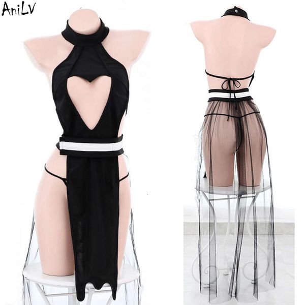 Ani mujeres Sexy pecho amor vestido calado lencería erótica Pamas uniforme disfraces mujer Ninja negro camisón conjunto cosplay