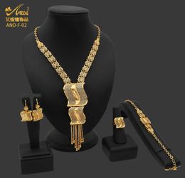 Aniid African Dubai Jewelry Gold Big Necklace Rings Set for Women Nigeriaans bruid bruiloftsfeest 24k Ethiopian Oorrings sieraden H4133792
