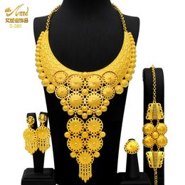 Aniid Dubai Big Luxury 4pcs African Gold Color Secklace Sets for Women Wedal Wedding Sets Trend Jewelery Gifts 240419
