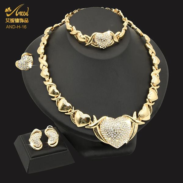 Aniid Dubai Gold Color Jewelry Collier Set Wedding Bride Femmes Nigérian Xoxo Heart Crystal Bracelets and Boucles d'oreilles Ring 240516