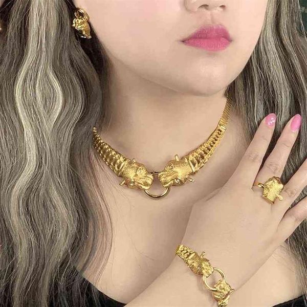 ANIID Dubai juegos de joyas de oro para mujer, joyería india de Animal grande, collar de diseñador africano, anillo, pendiente, accesorios de boda 3208