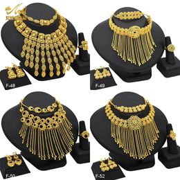 Aniid Ethiopian Dubai Tassel Gold Color Sieradensets voor vrouwen Wedding Indian Bridal Necklace and Earring 4pcs Set Party Gifts 240506