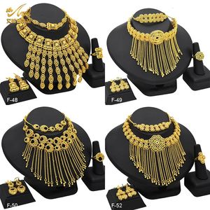 Aniid Ethiopian Dubai Tassel Gold Color Sieradensets voor vrouwen Wedding Indian Bridal Necklace and Earring 4pcs Set Party Gifts 240506