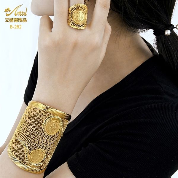 ANIID indio 24 K chapado en oro brazaletes con anillo Dubai boda nupcial brazalete pulseras al por mayor encanto africano joyería regalos 220715