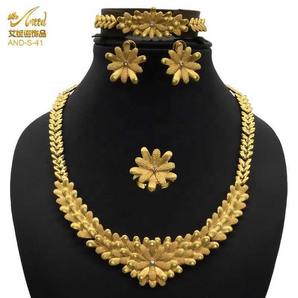 Ensemble de bijoux ANIID Dubai collier pour femme bijoux en or anneaux de mariage indien boucles d'oreilles de mariée Bracelet 24k plaqué polynésien H1022