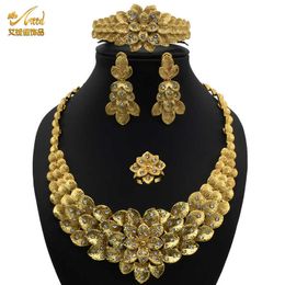 Aniid Sieraden Sets Indian Bridal Oorbellen Voor Womens Vergulde Sieraden Bloem Ketting Trouwringen 4-PCs Ethiopian Nigeriaanse H1022