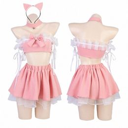 Anilv 2023 Anime Lolita Girl Cute Pink Cat Maid Unifrom Mujeres Off Hombro Tops Cake Falda Trajes Disfraces Cosplay 03TC #